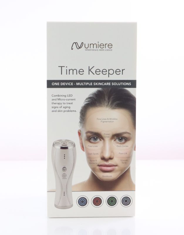 Photo 1 of TIME KEEPER BLUE CLAMS SKIN RED HELPS ELASTIN MAKES SKIN SMOOTHER THE GREEN RELAXES SKIN AND REDUCES ANY PAIN THE LED TARGETS ANY VISIBLE LINES AND ENLARGED PORES LAST THE EMS ACCELERATES THE NORMAL CELLS DAMAGED TISSUES ARE REPAIRED THE COLLAGEN IS PRODU