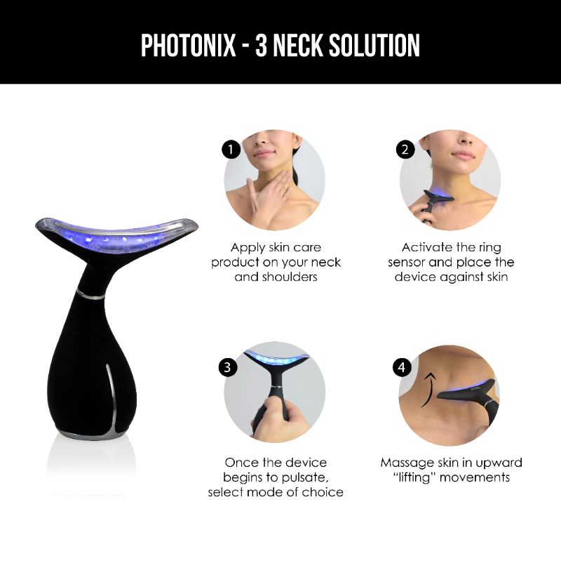 Photo 4 of PHOTONIX 3 NECK 1 MASSAGE MODE 3 TREATMENT MODES BLUE LIGHT RELIEVES FATIGUE PREVENTS ELASTICITY LOSS HELPS TEXTURE AND SUN SPOTS GREEN LIGHT REDUCES ANTI INFLAMMATORY AND HYPER PIGMENTATION RED LIGHT TARGETS LINES AND WRINKLES ACTIVATES ELASTIN PRODUCTIO