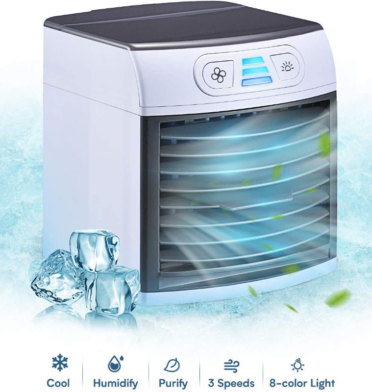 Photo 1 of PORTABLE AIR COOLER FAN COOLS HUMIDIFIES AND PURIFIES INSTANTLY ADD WATER AND ENJOY COOL AIR 3 SPEEDS EACH FILL OPERATES FOR 8 HOURS REUSABLE WASHABLE FILTERS INCLUDED NEW IN BOX
$69.99