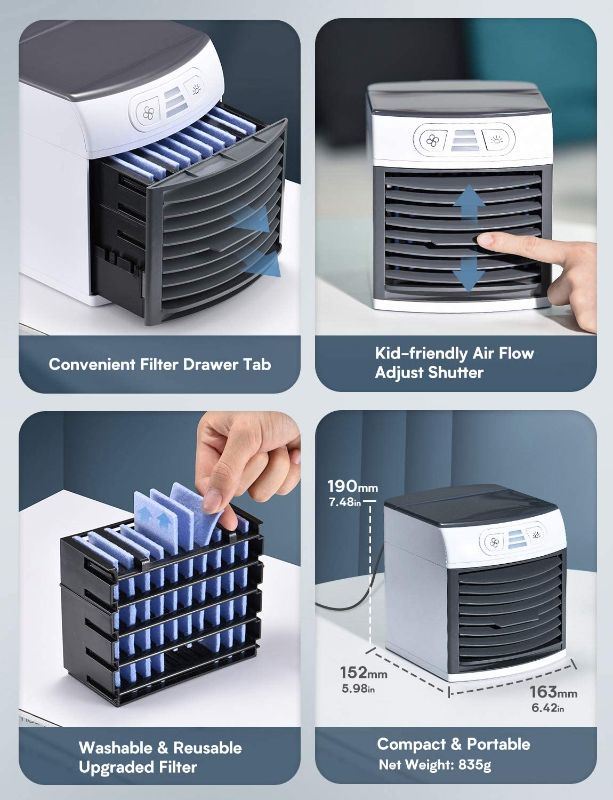 Photo 1 of PORTABLE AIR COOLER FAN COOLS HUMIDIFIES AND PURIFIES INSTANTLY ADD WATER AND ENJOY COOL AIR 3 SPEEDS EACH FILL OPERATES FOR 8 HOURS REUSABLE WASHABLE FILTERS INCLUDED NEW IN BOX
$69.99
