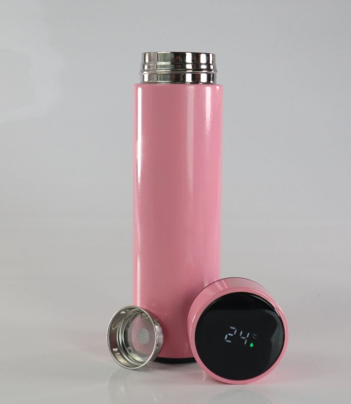 Photo 2 of STAINLESS STEEL BEVERAGE FLASK WITH BUILTIN THERMOMETER TELLING YOU THE BEVERAGE TEMPERATURE THROUGH THE DAY INCLUDES MINI STRAINER FOR ADDED FRUITS VEGGIES OR TEA BAGS COLOR PINK NEW $49.99