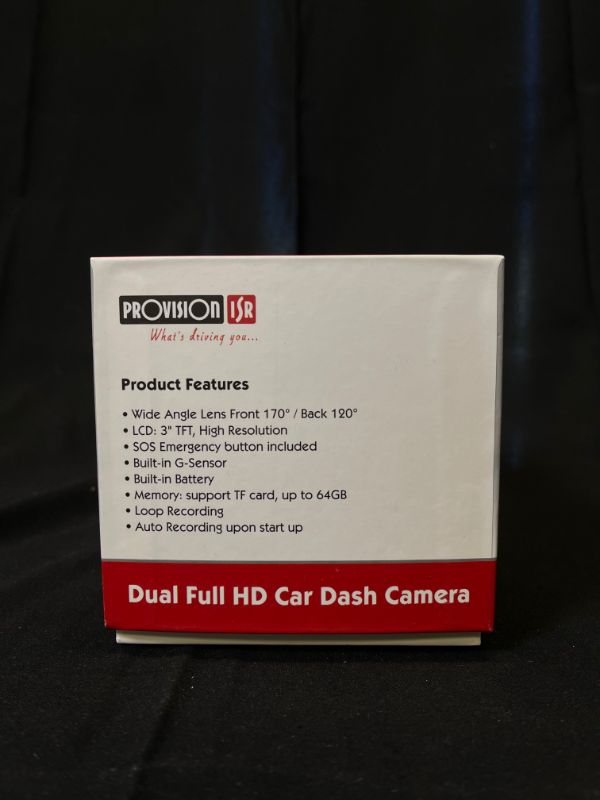 Photo 1 of PROVISION ISR DUAL DASH CAMERA ROTATABLE INNER CAMERA NIGHT VISION WIRELESS SOS BUTTON FULL HD 1080P G SENSOR SUPPORTS 64GB MEMORY CONDITION UNKNOWN SOLD AS IS $195.99