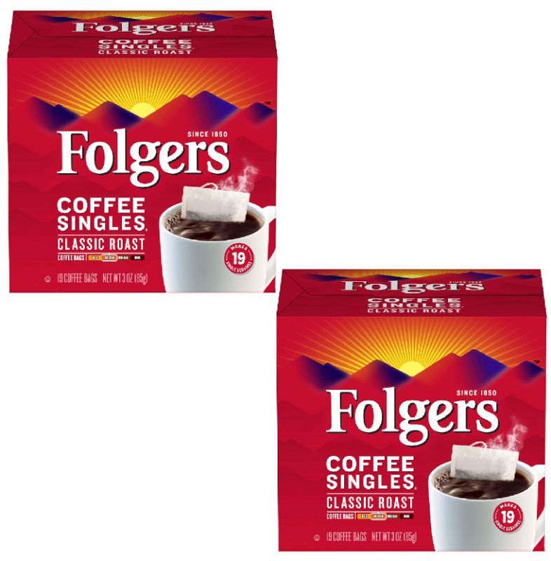 Photo 1 of FOLGERS 2 PACK CLASSIC ROAST COFFEE SINGLES COMES IN TEA BAGS MAKES UP TO 19 SERVINGS EACH BOX
$12.99
