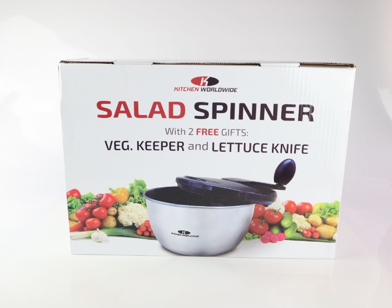 Photo 9 of WORLDWIDE STAINLESS STEEL SALAD SPINNER INCLUDES STAINING BOWL SPIN LID CONTAINER AND SALAD KNIFE NEW IN BOX $49.99