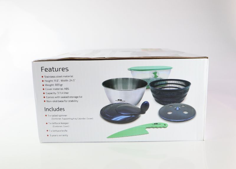 Photo 7 of WORLDWIDE STAINLESS STEEL SALAD SPINNER INCLUDES STAINING BOWL SPIN LID CONTAINER AND SALAD KNIFE NEW IN BOX $49.99