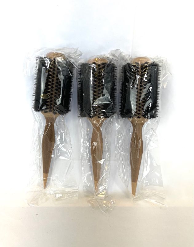 Photo 3 of MSRP $75 : PACK OF 3 ROUND BOAR BRISTLE BRUSH LASER ETCHED HANDLE FOR EASY TO GRIP POINTED TIP FOR SECTIONING AND MORE BRISTLES WOODEN HANDLE DOES NOT ABSORB HEAT SMOOTH POLISHED FINISH NEW