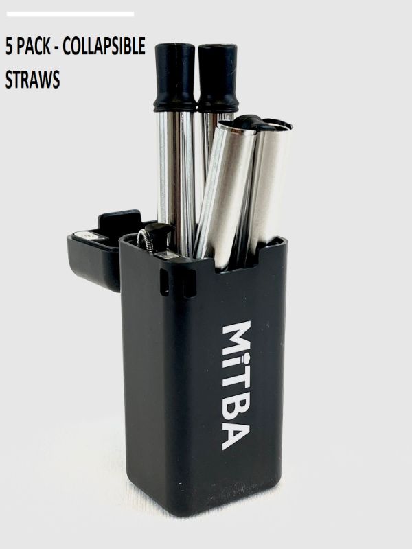 Photo 2 of MITBA COLLAPSIBLE STRAW PACK OF 5 REUSABLE STAINLESS STEEL SILICONE DRINKING STRAW ECO FRIENDLY FOLDABLE AND PORTABLE INCLUDES STRAW BLACK ABS CASE CLEANING ROD KEYCAHIN RING AND CARABINER NEW IN BOX 29.99