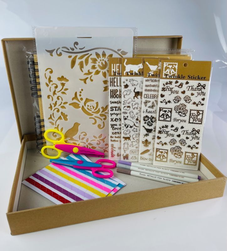 Photo 1 of SCRAPBOOK FUN 4 STICKER SHEETS 3 METALLIC MARKERS 3 SHEETS OF DECORATIVE TABS 2 ZIGZAG DESIGN SCISSORS 1 STENCIL SHEET 1 SCRAPBOOK NEW SEALED 
$29.99