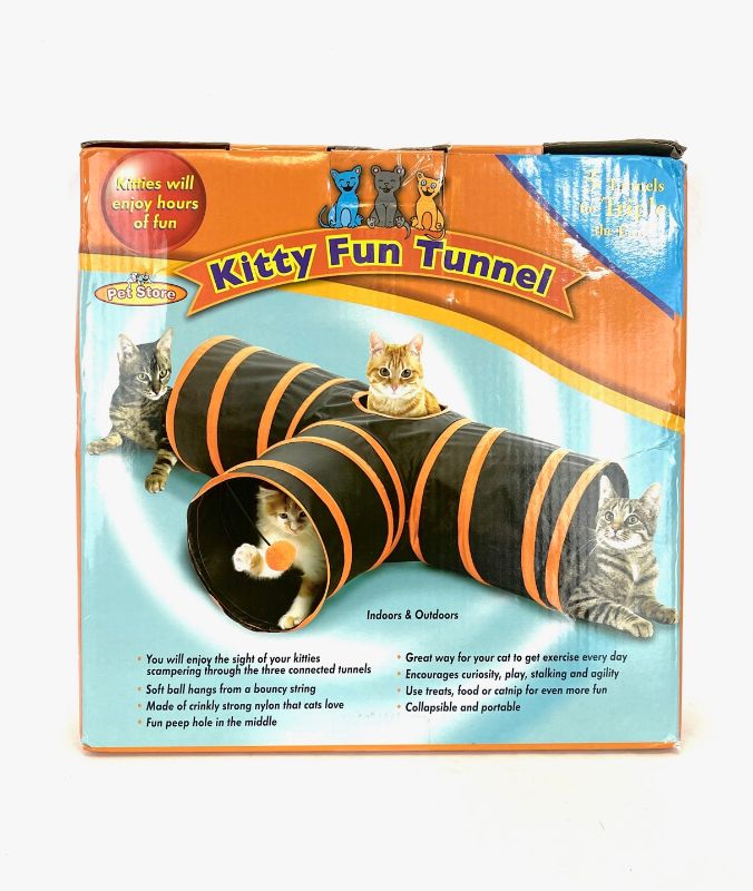 Photo 2 of 3 WAY KITTY FUN TUNNEL COLOR BLACK WITH ORANGE TRIM SIZE MEDIUM 31IN W X 9.5IN TALL NEW IN BOX 
$24.99
