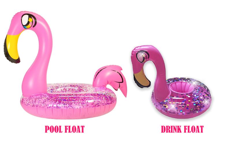 Photo 1 of POOL CANDY 36IN PINK GLITTER FLAMINGO POOL TUBE AND 2 PACK PINK GLITTER DRINK FLAMINGO FLOAT CAN FIT UP TO 16OZ NEW $55