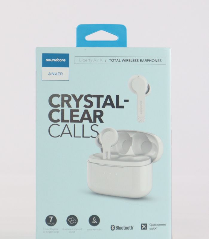 Photo 1 of SOUNDCORE LIBERTY AIR CRYSTAL CLEAR HEADPHONE 2 MICROPHONES NOISE REDUCTION AND CANCELLATION VOCAL ENHANCEMENT CVC 8.0 TECHNOLOGY BASS TECHNOLOGY 43 PERCENT 28 HOUR POWER 7 USAGE HOURS SINGLE CHARGE BUILT IN TOUCH CONTROL NEW IN BOX $52.88