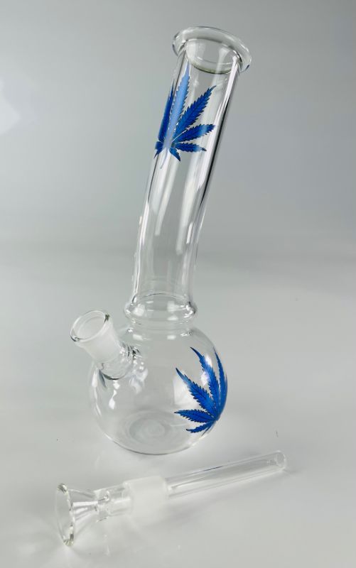 Photo 1 of FREEDOM HANDMADE CLEAR WATER PIPE WITH BLUE MARIJUANA LEAVES INCLUDES BOWL AND STEM NEW IN BOX.
$35
