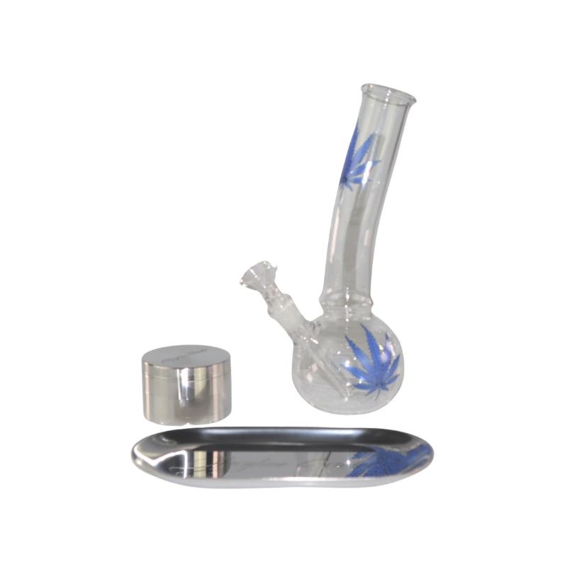 Photo 1 of CLEARWATER PIPE WITH BLUE MARIJUANA LEAVES AND GTORLINE GRINDER AND TRAY NEW  $54.99