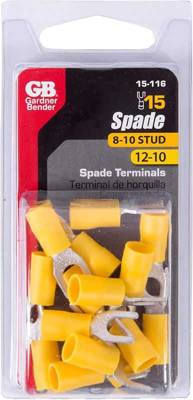 Photo 1 of 12-10 AWG #8-10 STUD SIZE SPADE TERMINALS YELLOW 15 PACK