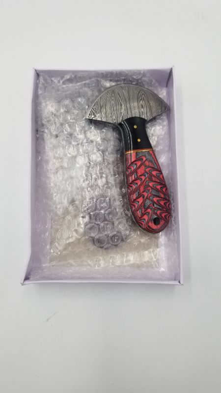 Photo 1 of Damascus 5.25 Inch Wood/Bone Handle Crescent Blade Ulu Style Utility Kitchen Knife With Leather Sheath New
