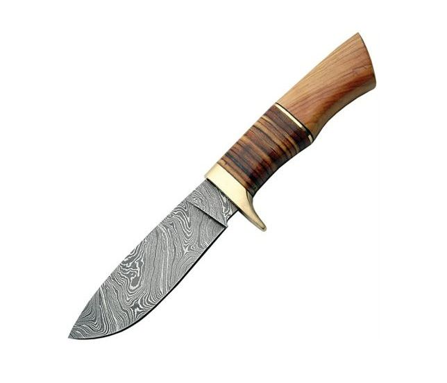 Photo 1 of Damascus Hunter Wood/Leather Handle Fixed Blade Knife + Sheath 9.5 Inch New