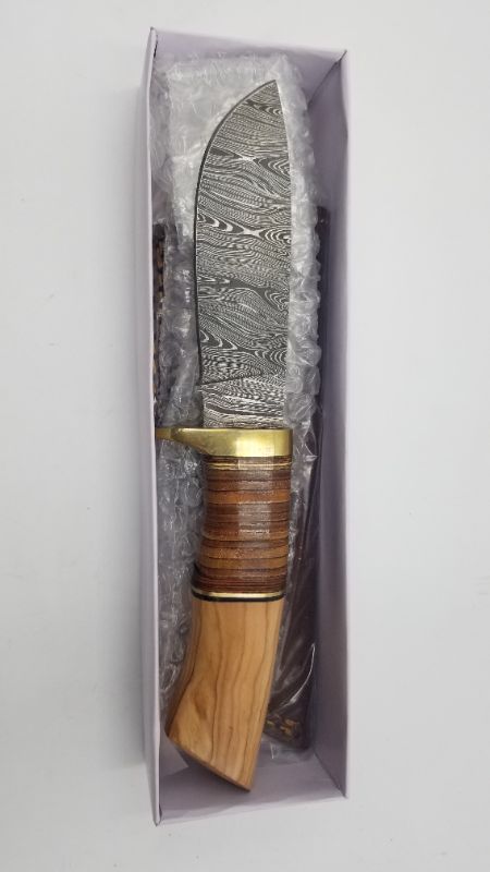 Photo 2 of Damascus Hunter Wood/Leather Handle Fixed Blade Knife + Sheath 9.5 Inch New