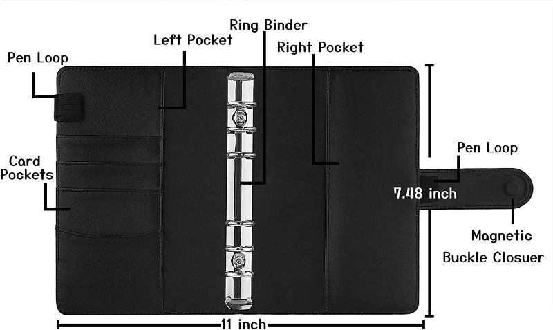 Photo 1 of Antner A6 PU Leather Notebook Binder Refillable 6 Ring Budget Binder for A6 Filler Paper, Loose Leaf Personal Planner Binder Cover with Magnetic Buckle Closure, Black