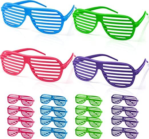 Photo 1 of Novelty Place 12 Pairs Shutter Glasses Shades Eyeglasses, Neon Color Slotted Sunglasses for Kids & Adults 80's Party Props - (4 Colors)
