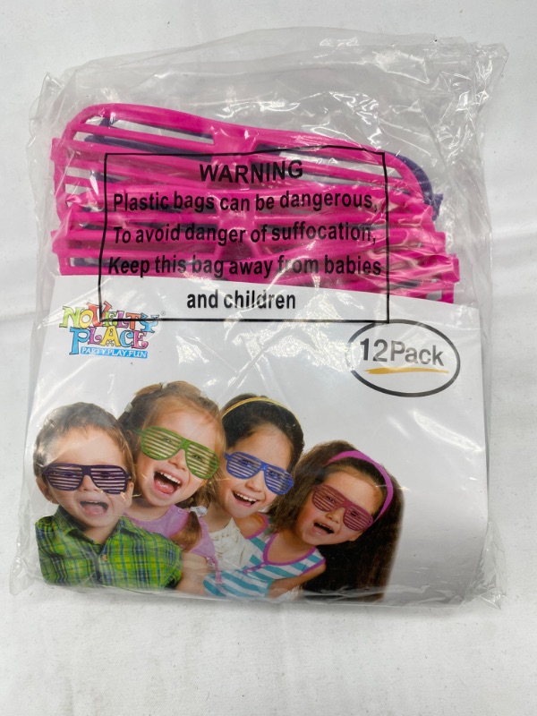 Photo 3 of Novelty Place 12 Pairs Shutter Glasses Shades Eyeglasses, Neon Color Slotted Sunglasses for Kids & Adults 80's Party Props - (4 Colors)