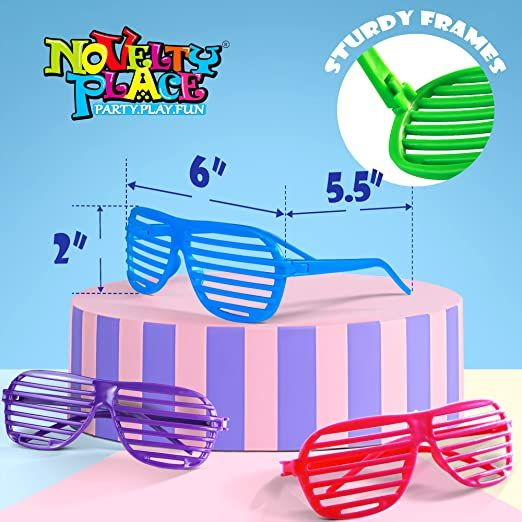 Photo 2 of Novelty Place 12 Pairs Shutter Glasses Shades Eyeglasses, Neon Color Slotted Sunglasses for Kids & Adults 80's Party Props - (4 Colors)