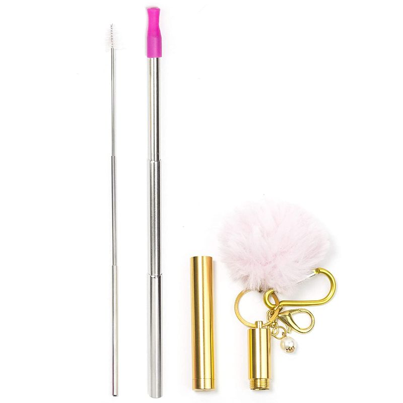 Photo 1 of Strawberri Blush Stainless Steel Straw with Soft Silicone Tip - STRAWBERRI STRAWS Reusable, Collapsible, Eco-Friendly. Includes: Straw, Case, Pom-Pom Keychain, Straw Cleaning Brush. (Blush)