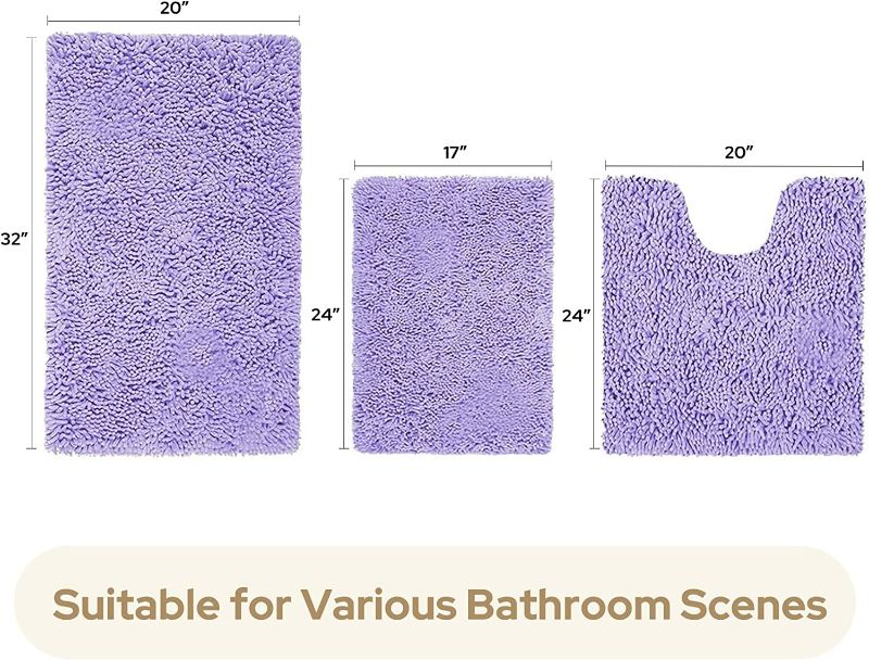 Photo 2 of HOMEIDEAS 3 Pieces Bathroom Rugs Set Ultra Soft Non Slip and Absorbent Chenille Bath Rug, Lavender Bathroom Rugs Plush Bath Mats for Tub, Shower, Bathroom