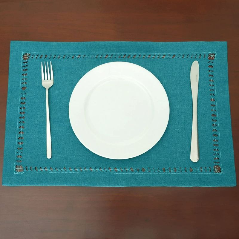 Photo 2 of Grelucgo Set of 6 Handmade Hemstitch Teal Table Placemats, Rectangular 12 by 18 Inch