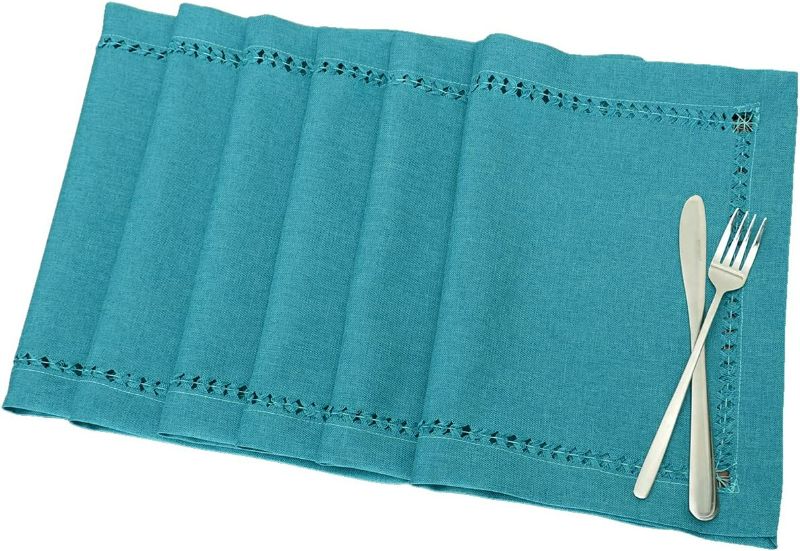 Photo 1 of Grelucgo Set of 6 Handmade Hemstitch Teal Table Placemats, Rectangular 12 by 18 Inch