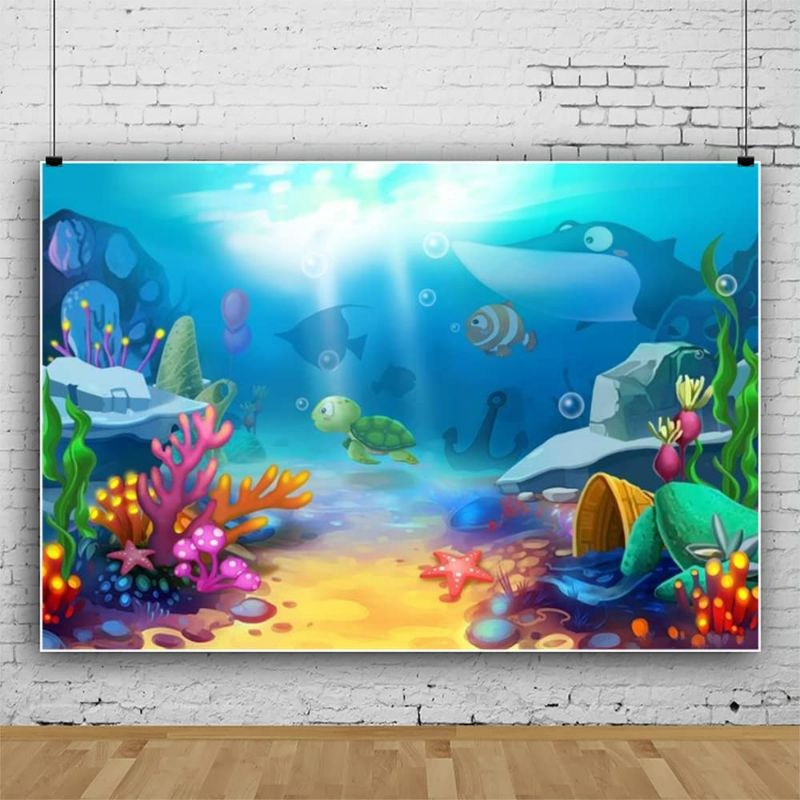 Photo 1 of 7x5ft Cartoon Underwater World Backdrop Vinyl Photography Background Sea World Torpical Fishes Colorful Coral Reef Turtles Shark Sun Ray Summer Holiday Children Birthday Party Photo Studio