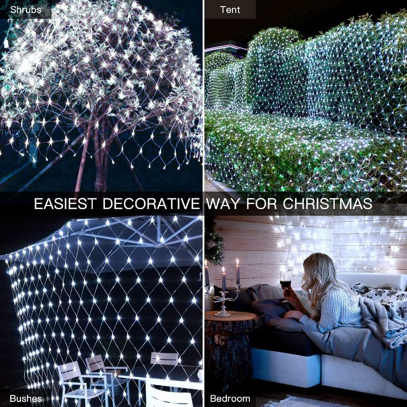 Photo 2 of Ollny Net Lights Outdoor, 200 LED Mesh Lights Waterproof, 8 Modes&Timer Remote Connectable, Plug in Tree Warp Lights for Bush Tree Shrubs Garden Party Holiday Decorations(9.8x6.6ft,Cool White)
