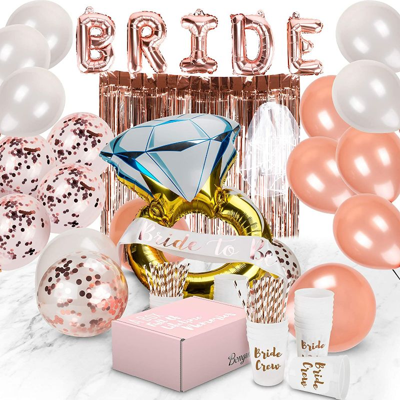 Photo 1 of Bachelorette Party Decorations | Bridal Shower Supplies Kit - Bride To Be Sash, Cups, Straws, Veil, Banner, Balloons, Rose Gold Curtains & Decor Accessories