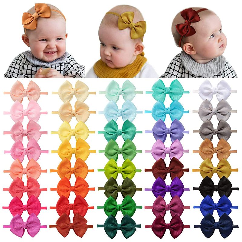 Photo 1 of 40 Pieces Baby Girls Headbands Nylon Hairband Grosgrain Ribbon Hair Bows Handmade Hair Accessories for Newborn Infant Toddler Kids