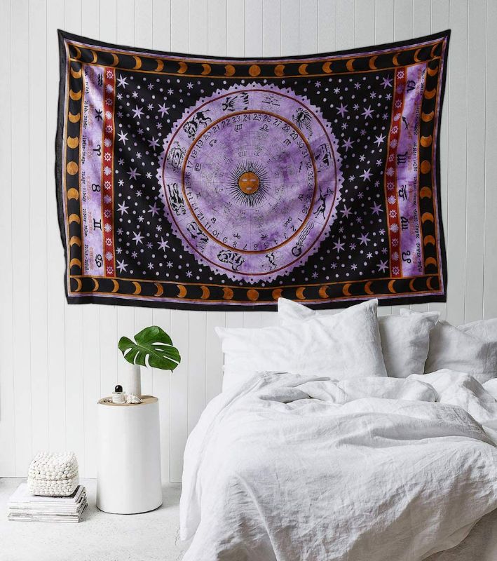 Photo 1 of Madhu International Zodiac Mandala Tapestry Hippie Wall Hanging Astrology Tapestry Indian Handmade Tapestries Celtic Horoscope Tapestry Wall hanging (Purple, Twin(54x82Inches)(140x210cms))