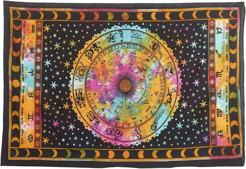 Photo 2 of Madhu International Tie Dye Zodiac Sign Tapestry Horoscope Sun Moon Astrology Wall Hanging Hippie Psychedelic Tapestries (Multi Color, Twin(54x82Inches)(140x210cms))