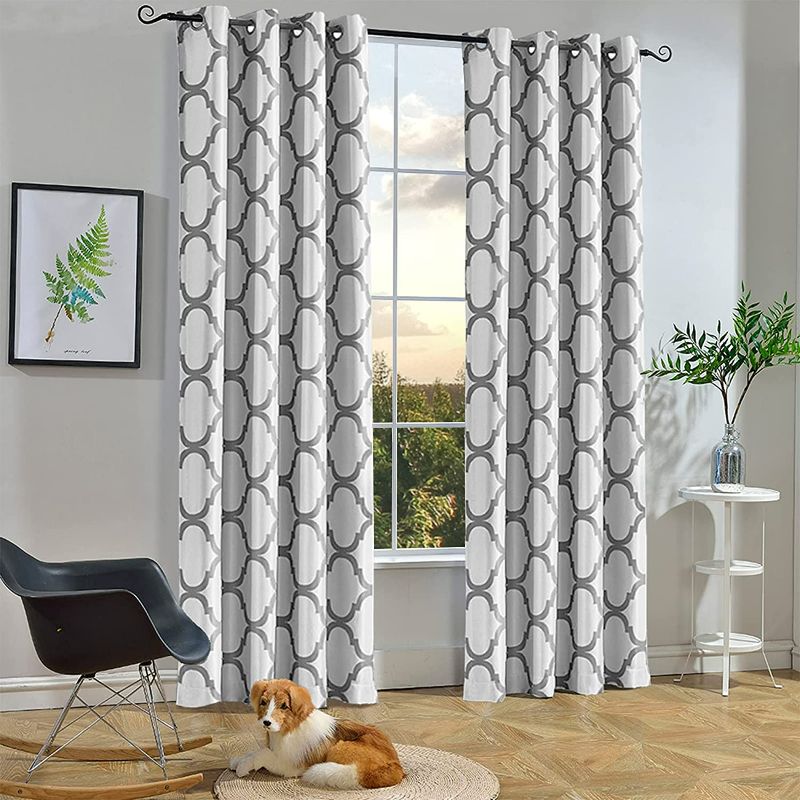 Photo 1 of Melodieux Moroccan Fashion Thermal Insulated Grommet Room Darkening Curtains for Living Room, 52 by 84 Inch, Off White/Grey (1 Panel)