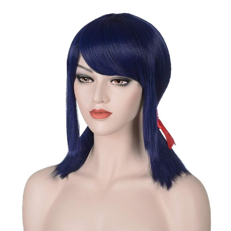 Photo 3 of Short Blue Wig for Women Ponytails Wig With Bangs Halloween Costume Party Cosplay Wig for Girls