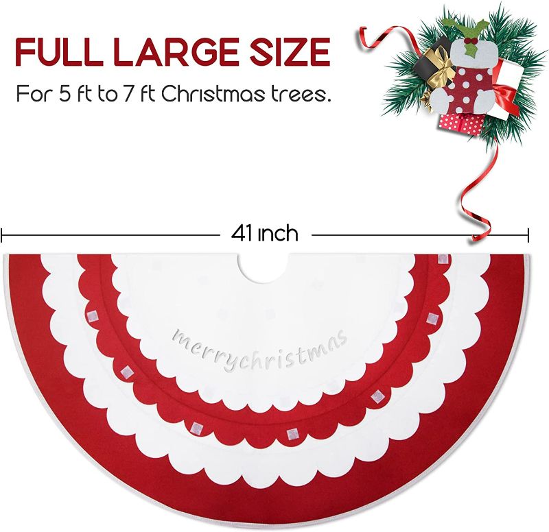 Photo 4 of 48 Inch Christmas Tree Skirt, Cute Double Layers Felt Rustic Farmhouse Xmas Holiday Decoration, Red and White Large Tree Mat for Xmas Decor Festive Holiday Party Decorations
