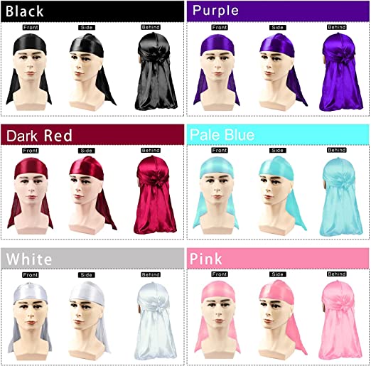 Photo 3 of BIGEDDIE 6 Pcs Silky Durags and 1 Pcs Wave Cap Silky Durag Pack Durags for Men Waves (Dark red, Pale Blue, Pink, Purple, Black, White)
