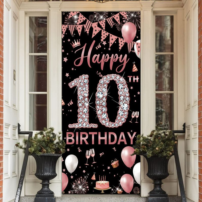 Photo 1 of 10th Birthday Decorations Door Banner, Rose Gold Happy 10th Birthday Decorations for girl, Door Cover Sign Poster Decorations, 10 Year Old Birthday Party Decoration Backdrop, 6ft x 3ft Fabric PHXEY