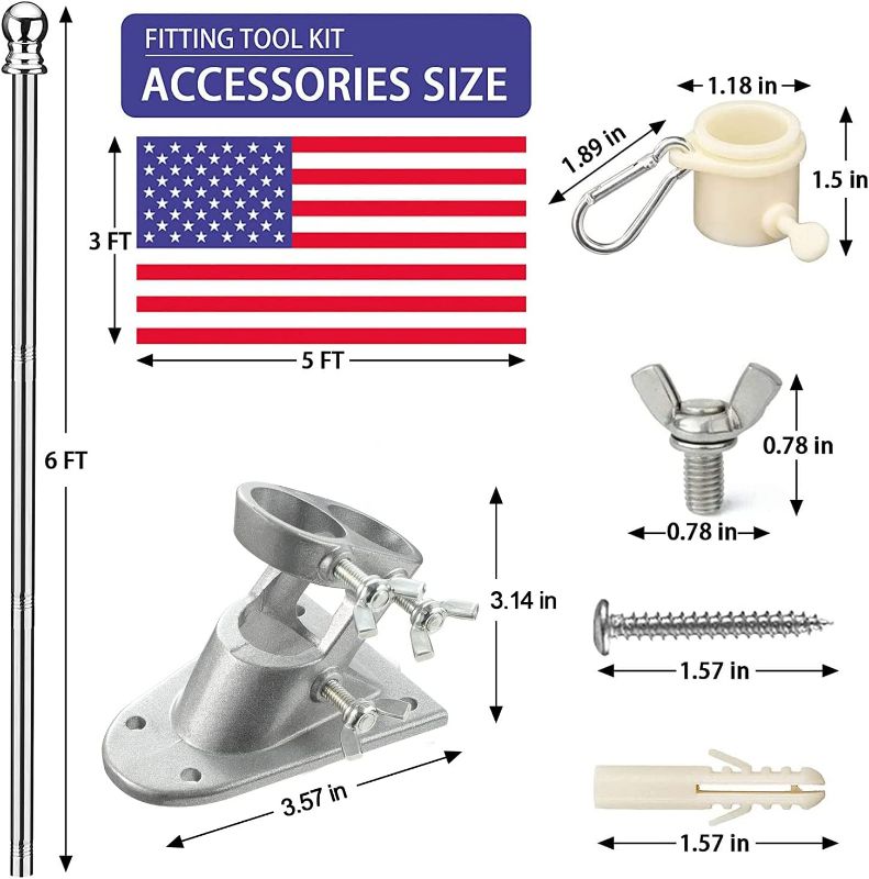 Photo 2 of  American Flag Pole Kit for House-5FT Silver Flag and Pole with Wall Mounted Bracket and 3x5 Embroidered US Flag Rustproof Tangle Flag Pole for House Yard