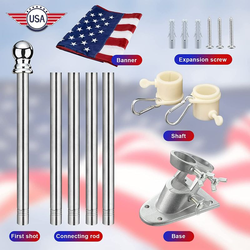 Photo 3 of  American Flag Pole Kit for House-5FT Silver Flag and Pole with Wall Mounted Bracket and 3x5 Embroidered US Flag Rustproof Tangle Flag Pole for House Yard
