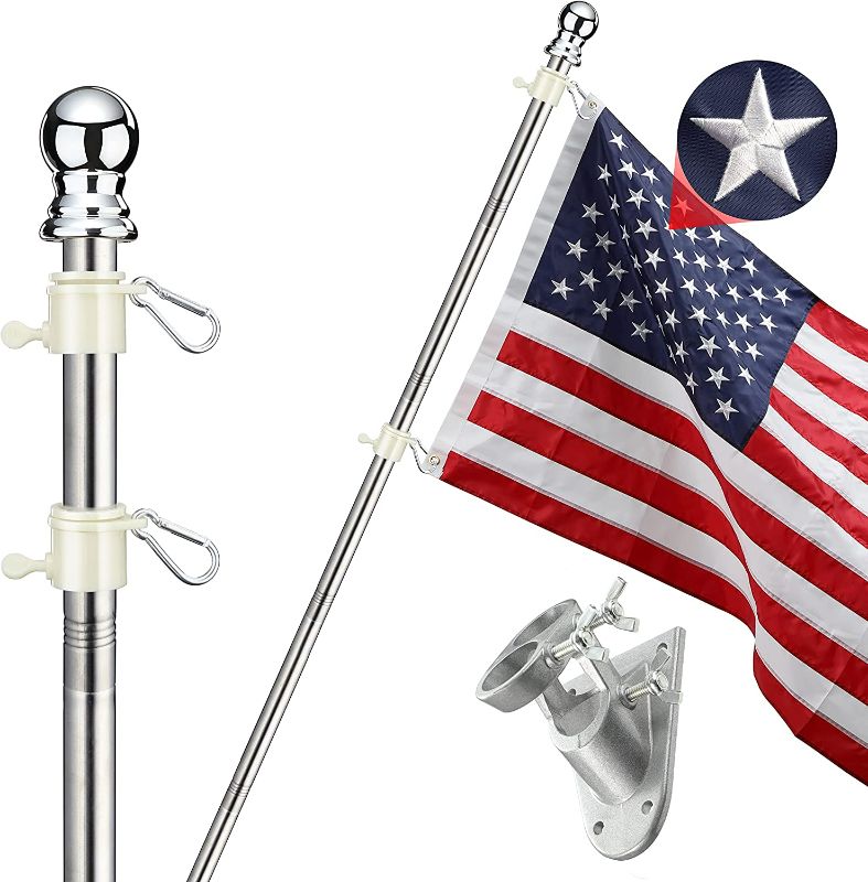 Photo 1 of  American Flag Pole Kit for House-5FT Silver Flag and Pole with Wall Mounted Bracket and 3x5 Embroidered US Flag Rustproof Tangle Flag Pole for House Yard