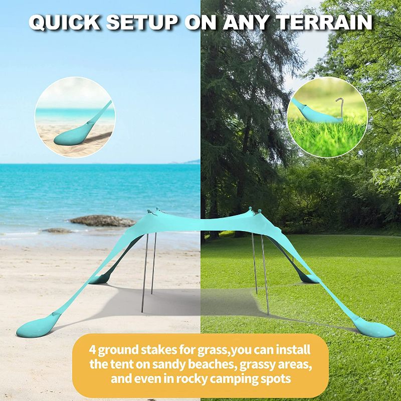 Photo 1 of Pop Up Beach Tent Sun Shelter UPF50+ with Sand Shovel, Ground Pegs and Stability Poles, Outdoor Shade for Camping Trips, Fishing, Backyard Fun or Picnics (7x7.5 FT 4 Pole, Blue)