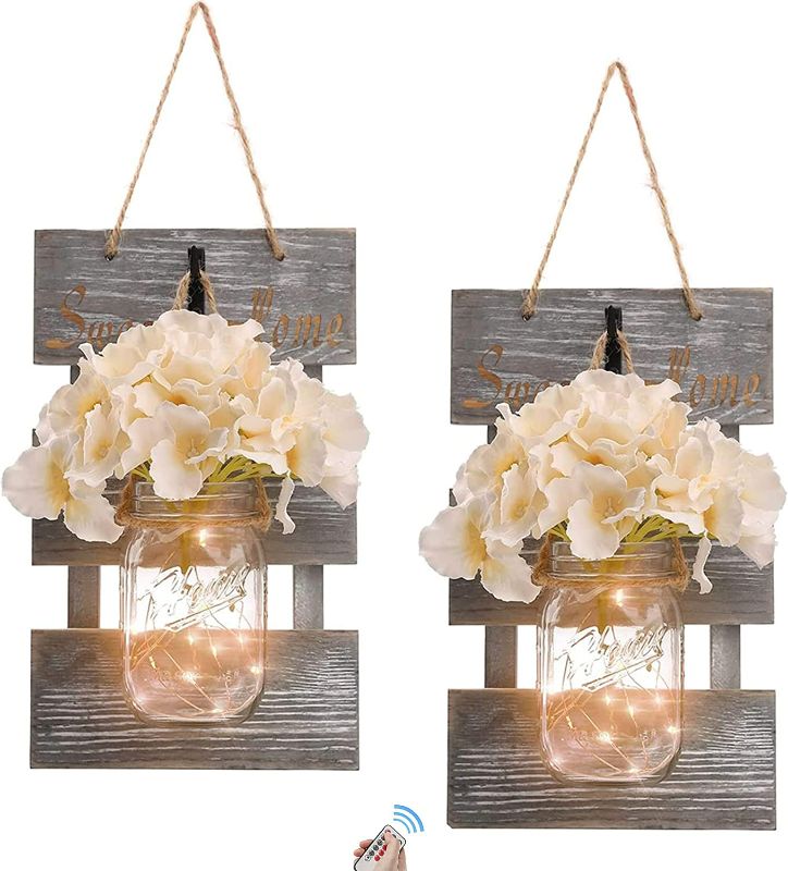 Photo 1 of Rustic Grey Mason Jar Sconces for Home Decor, Decorative Chic Hanging Wall Decor Mason Jars with LED Strip Lights, 6-Hour Timer, Silk Hydrangea, Iron Hooks for Home & Kitchen Decorations [Set of 2]