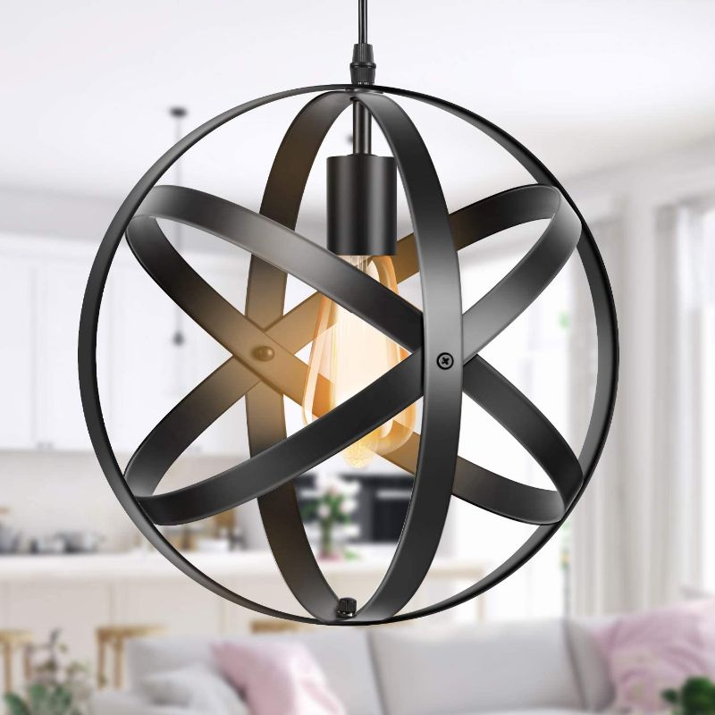 Photo 1 of Industrial Metal Pendant Light, Spherical Cage Pendant Light Black, Farmhouse Globe Chandelier Vintage Hanging Ceiling Light