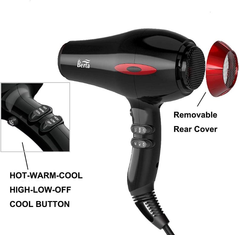 Photo 3 of BERTA Professional Ceramic Hair Dryer, 1875W Negative Ionic Blow Dryer with Nozzle, 2 Speed & 3 Heat Settings Salon Powerful AC Motor
