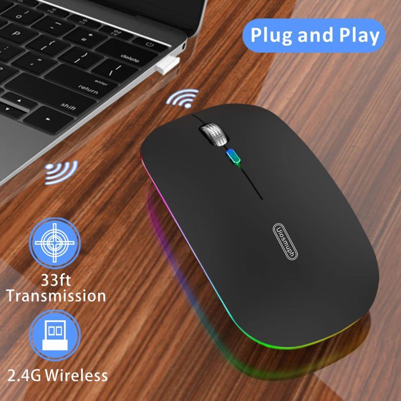 Photo 4 of Uiosmuph LED Wireless Mouse, G12 Slim Rechargeable Wireless Silent Mouse, 2.4G Portable USB Optical Wireless Computer Mice with USB Receiver and Type C Adapter (Matte Black)