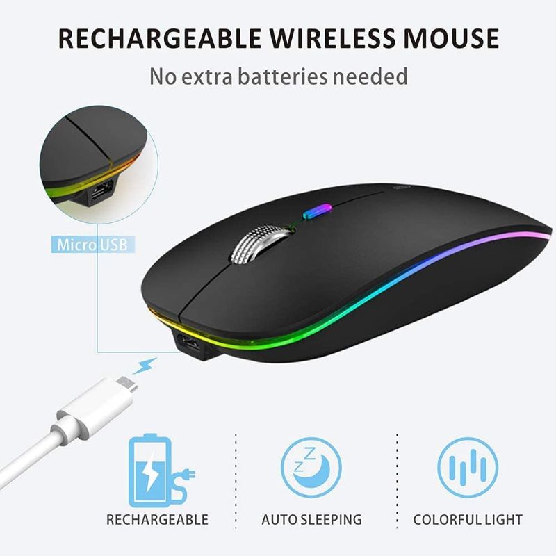 Photo 2 of Uiosmuph LED Wireless Mouse, G12 Slim Rechargeable Wireless Silent Mouse, 2.4G Portable USB Optical Wireless Computer Mice with USB Receiver and Type C Adapter (Matte Black)