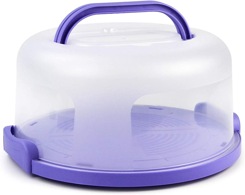 Photo 2 of Cake Carrier with Handle 10in Cake Stand Purple Cake Holder with Lid Round Cake Container for 10in or Less Size(Purple)